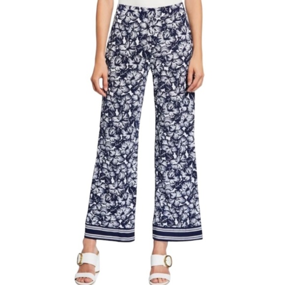 Michael Kors Floral Wide Leg Pants Blue White Hibiscus Size Large - Picture 1 of 10